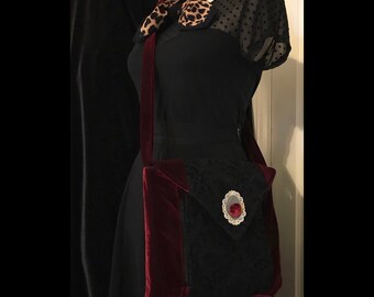 Vintage inspired black and red velvet purse