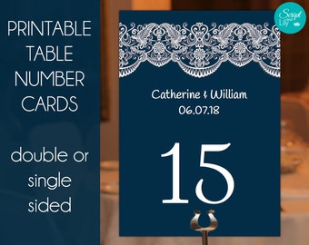 Navy Table Number Cards Templates | Easy To Edit and Print | Lace | Navy Blue | White Lace | FREE Color Changes | Pc & Mac | 5 x 7.25"