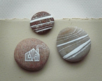 Hand Painted Pebbles - House and Earth Stripes Set of 3 - MADE TO ORDER