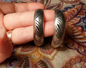 Sterling Silver Etched Hoop Earrings Taxco Mexico