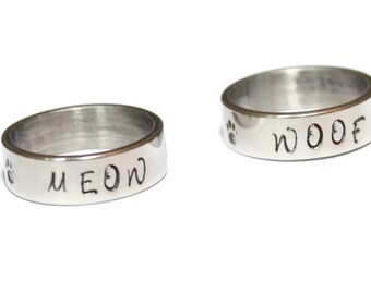 Handstamped Ring Meow Ring Woof Ring Cat Lover Ring Dog Lover Ring Paw Print Ring Dog Lover Gift Cat Lover Gift Pet Lover Gift