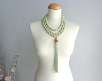 Green tassel necklace multistrand, longer style