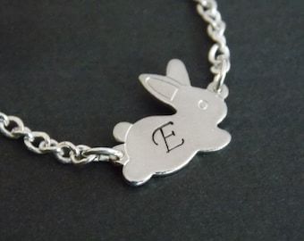Silver Necklace, Rabbit Necklace, Bunny, Silver Bunny, Silver Rabbit Pendant, Initial, Personalized, Bunny Pendant, Animal Jewelry