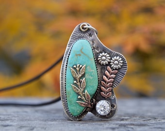 Campitos Turquoise Sterling Silver Necklace . Crystal . Flowers . Hand Forged . Sterling Necklace.Rustic. Necklace. Mixed Metals