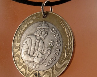 PORTUGAL NECKLACE . portuguese coin pendant jewelry. escudos. republica portuguesa. Garcia de Orta No.001081