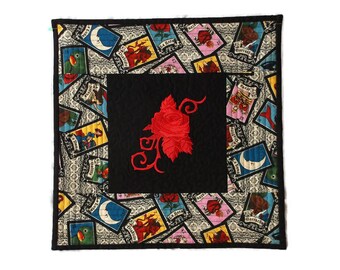 Mexican Loteria Quilt, La Rosa Quilt, Rose Embroidery, Loteria Fabric, Mexican Decor, Mexican Folk Art, Mexican Kitsch, Day of the Dead