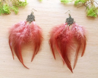 Brown feather earrings Boho earrings Gift for her Hippie earrings Long feather earrings Fluffy earrings Cute earrings Feather jewelry