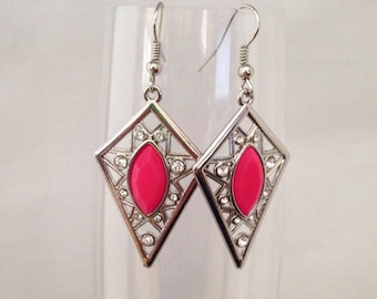 Pink dangle earrings, pink earrings, pink drop earrings, diamond earrings, earrings pink