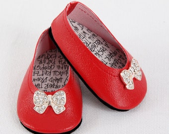 Handmade to fit like American Girl Doll Shoes, AG Doll Shoes, 18 Inch Doll Shoes - Modern Red BALLET FLATS with Rhinestone Bow Ties