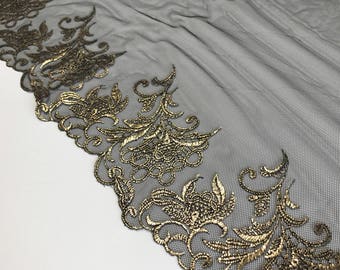 BLACK & GOLD, 9" Wide, Embroidered Lace Trim, BTY By The Yard