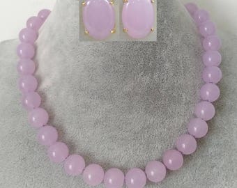 jade set- 12 mm light purple jade necklace & earrings set,magnet clasp