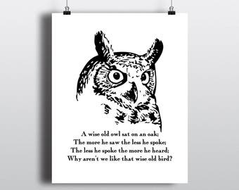 Wise Old Owl Quote Print, Black and White Owl Illustration, Bird Art, Instant Digital Download, DIY Home Decor