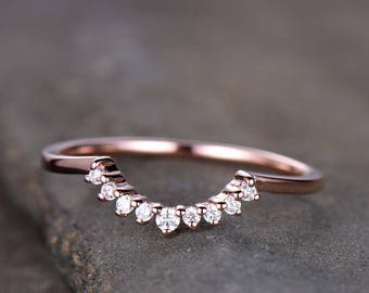 Crown Wedding Band Curve Wedding Band CZ Wedding Ring Stacking Ring Chevron Ring Rose Gold Plated Sterling Silver Anniversary Ring