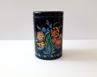 Vintage Toleware Tin, Black Floral Small Metal Canister, English Tea Tin
