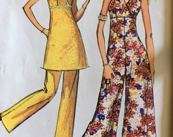 70s V Neck Jumpsuit Empire Waist Mini Dress Sewing Pattern Simplicity 9418 Size 12 Bust 34
