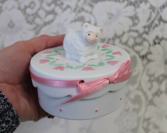 Ceramic Trinket Dish with Lamp and Pink Tulips by Fanny Farmer - Round Covered Trinket Box