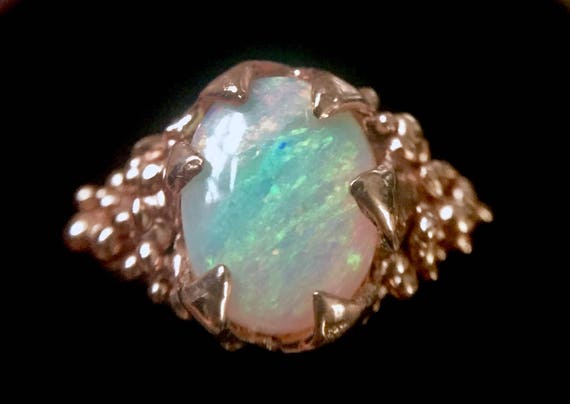 Solid Rose Gold Ring Rainbow Oval Australian Opal One of a Kind Solitaire with Amazing Flash 10K Yellow Red Rose Pink Gold Sizes 6 7 8 9