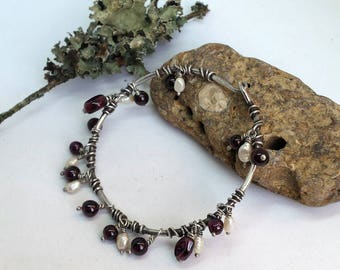 Sterling Silver Bangle with Garnets and Pearls