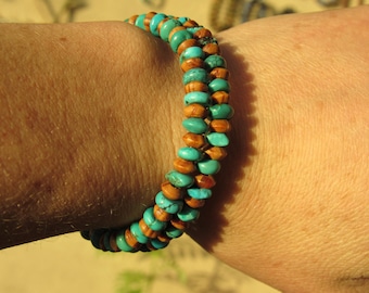 Turquoise and Bayong Wood Memory Wire Bracelet for Confidence