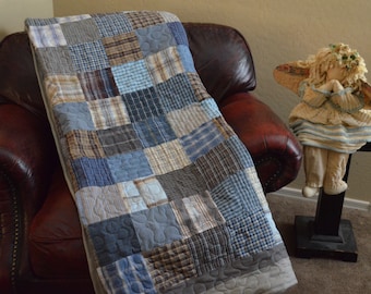 Quilt Blues Grays Browns UpCycle RePurpose ReUse Men's Plaid Dress Shirt Quilt Full Made to Order