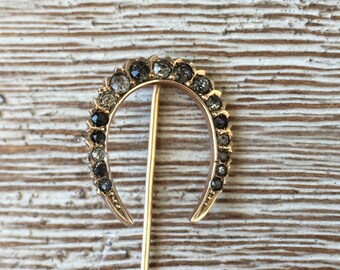 Victorian Lucky Horseshoe Stick Pin Gold Glass Stone Paste