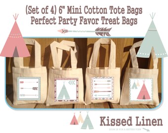 Tribal Arrow Teepee Treat Favor Gift Bags Mini Cotton Totes Children Kids Boys Birthday Camping Party Baby Shower Set of 4