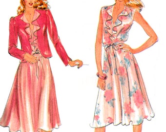 70s Butterick 3573 Loose Fitting Dress with Cap Sleeves, V-Neckline Flounce and Jacket, Uncut, Factory Folded, Sewing Pattern Size 8-12