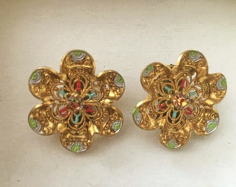 Vintage German Gold Tone Pink Rhinestone Clip On Earrings