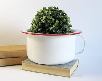 Vintage Red and White Enamel Chamber Pot with Handle - White Enamelware - Country Farmhouse Decor - Rustic Cabin Decor - Large Planter Pot