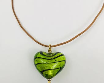 Glass Heart Leather Necklace Hand Crafted