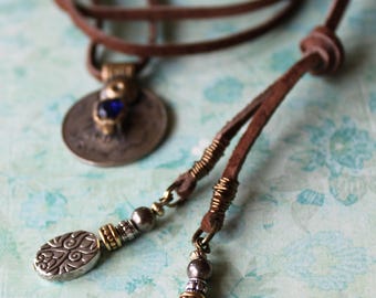 Boho Leather Beaded Lariat Necklace