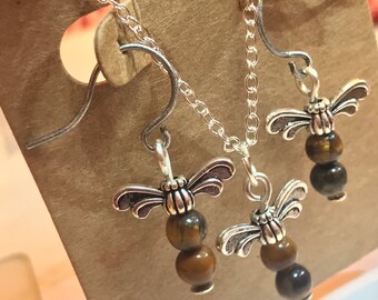 Dragonfly Jewelry Set~Necklace and Earrings~Silver Dragonfly Jewelry~Dragonfly Jewelry~Outlander Jewelry~Dragonfly in Amber~Tiger Eye