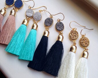 Gold Tassel Earrings Druzy Jewelry, Gold Druzy Earrings, Tassel Jewelry, Statement Jewelry, Fringe Earrings, Statement Earrings Hero