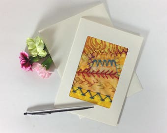 Crazy Quilt Greeting Card, Fiber Art Fabric Greeting Card, Hand Embroidered Greeting Card, Yellow Fabric Card, Handmade Card, Birthday