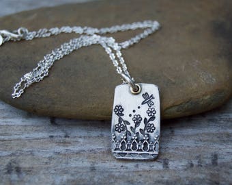 Flower Box Sterling Silver Necklace . Flowers . Nature . Sterling Necklace.Rustic. Necklace.