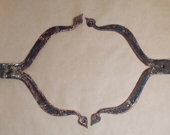 1800's Pair of Antique Iron Strap Hinges - Heart Detail - Hand Forged - Wall Art - Architectural - Farmhouse - Hardware
