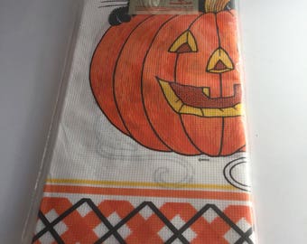 Vintage Halloween Party Designware Paper Tablecloth New In Package Jack O Lantern Orange & Black Plaid