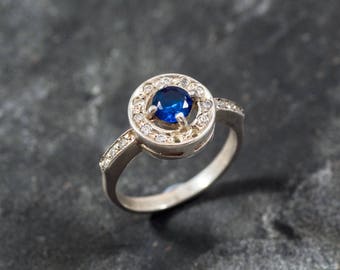 Blue Sapphire Ring, Created Sapphire, CZ Diamonds, Royal Blue Ring, Bridal Ring, Something Blue, Something Blue Ring, Solid Silver Ring