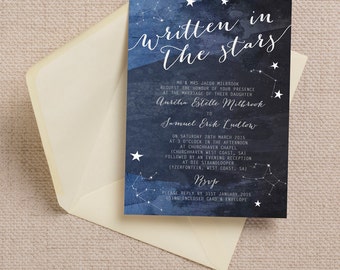 Personalised Constellation Stars Midnight Blue Wedding Invitation & RSVP with Envelopes