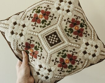 Vintage Embroidered Pillow Mid Century Folk Art Decorative Throw Pillow 13" x 13"