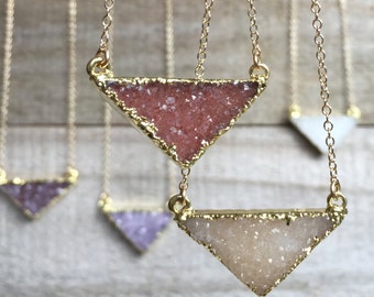 Druzy Necklace, Druzy Triangle Necklace, Gemstone Necklace, Druzy Jewelry, Drusy Necklace, Druzy Quartz
