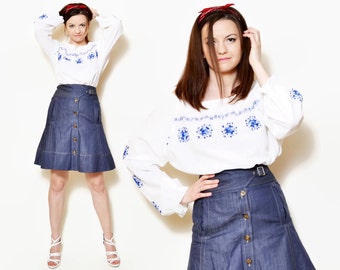 white blouse vintage Embroidered shirt floral print traditional folk blouse vintage clothing hippie clothes festival top made in greece M/L