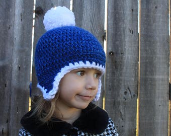 TODDLER'S WINTER HAT, Snowball Pom Pom, Ear flaps, Crochet, Warm, Ages 1 - 3, Boy or Girl
