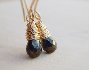 Black Spinel Earrings, Gold filled, wire wrapped jewelry handmade, dainty gemstone dangle earrings,