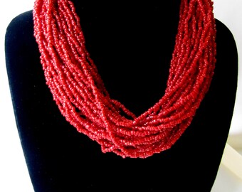 Vintage Indian Red Coral Multi Strand Necklace