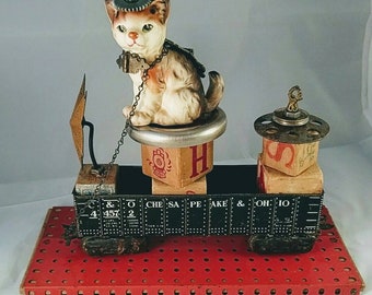 ASSEMBLAGE CAT Train,Chessie,Chesapeake Ohio, Junk Parts, Found Objects, Whimsical Railroad Decor
