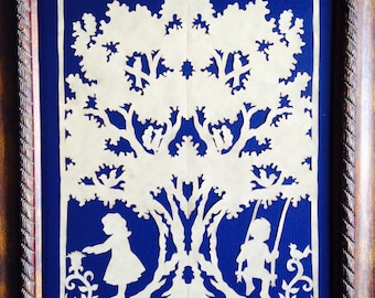 PAPER CUT Under the Oak, ORIGINAL Art Handmade Scherenschnitte, fits 8 x 10" frame