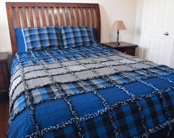 Blue Ombre Rag Quilt, Handmade Cotton Flannel Quilt, Twin or Large Throw Size, 75" x 92"