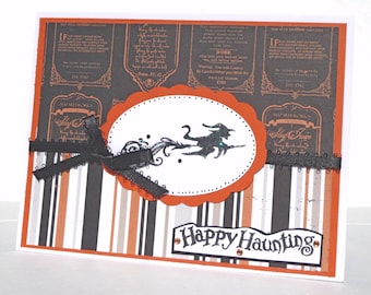 Happy Halloween Witch Greeting Card with Coordinating Embellished Envelope - Handmade Paper Card
