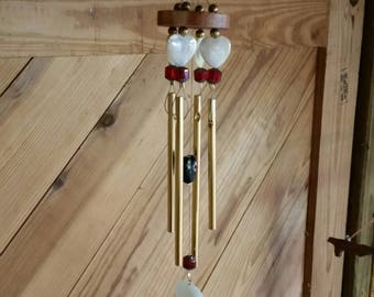 Beautiful mother of pearl heart shaped glass beads with ruby red glass beaded wind chime!!